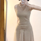 Temperament striped sleeveless dress with a flared collar, slim waist and beautiful long skirt R0719