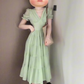 Summer holiday atmosphere small skirt beautiful gentle temperament green v-neck puff sleeve dress R0479
