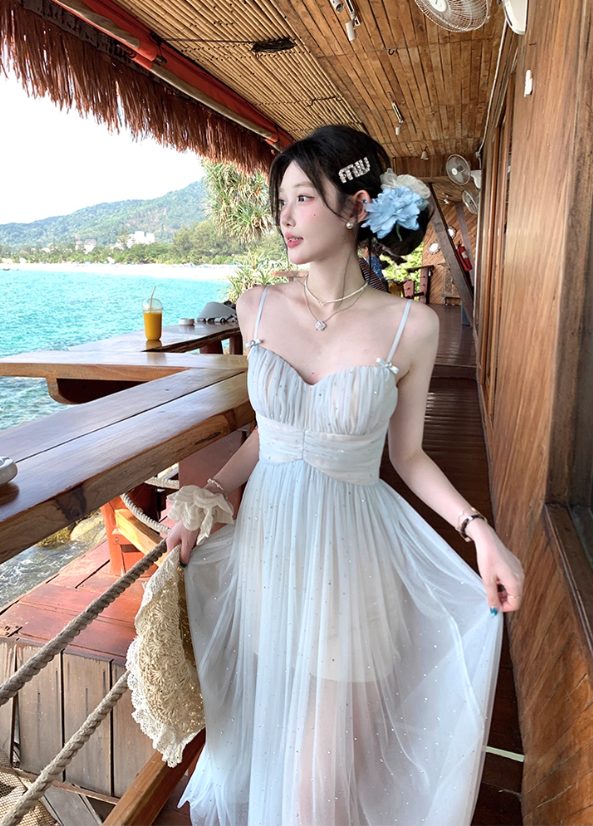 Long V-neck mesh suspender dress summer French loose slim skirt R4910