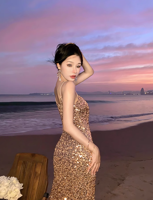 Sexy gold sequined suspender dress with slit hip-hugging holiday beach dress dress R1490