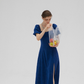 Blue French dress puff sleeves skirt retro style small square collar tea break long dress female summer R3456