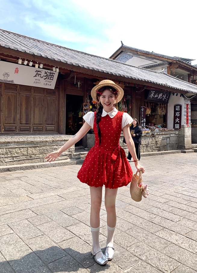 Red doll collar polka dot short-sleeved dress women's summer temperament skirt R4620