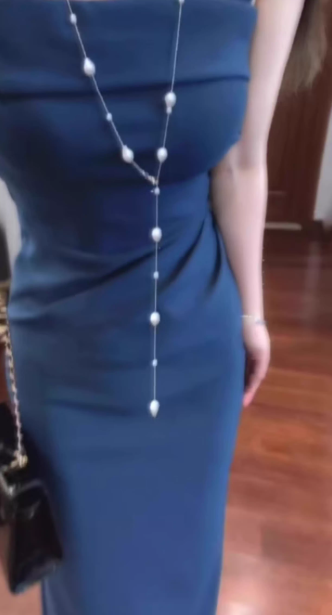 Retro blue suspender dress with elegant waist and slim fit R0757