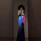 Retro blue floral dress sexy waist slim hip suspender skirt R0640
