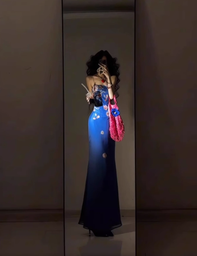 Retro blue floral dress sexy waist slim hip suspender skirt R0640