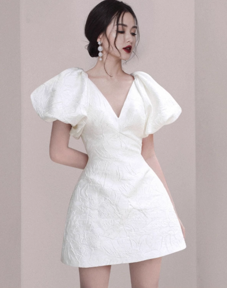 French retro white jacquard puff sleeves V-neck slim banquet party evening dress skirt homecoming dress R2976