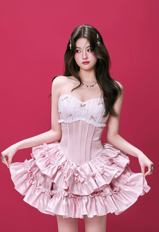 Cute Blush Pink Ruffled A-Line Strapless Tiered Bodycon Mini Birthday Dress Homecoming Dress RS359