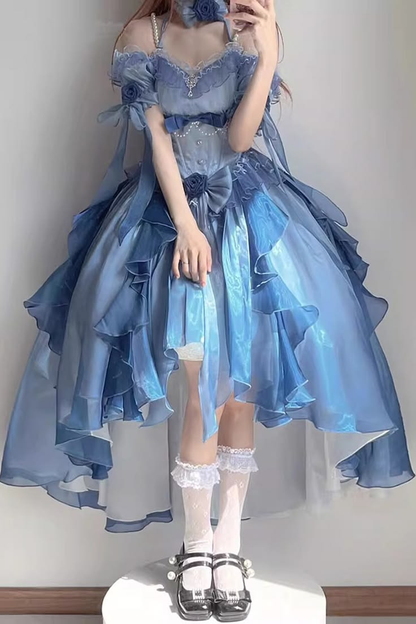 Charming Tulle Bow Decor Women's Prom Gown Blue Waist Fitted Maxi Evening Dress Birthday Dress — Fall Outfit 2026 New  RS3269