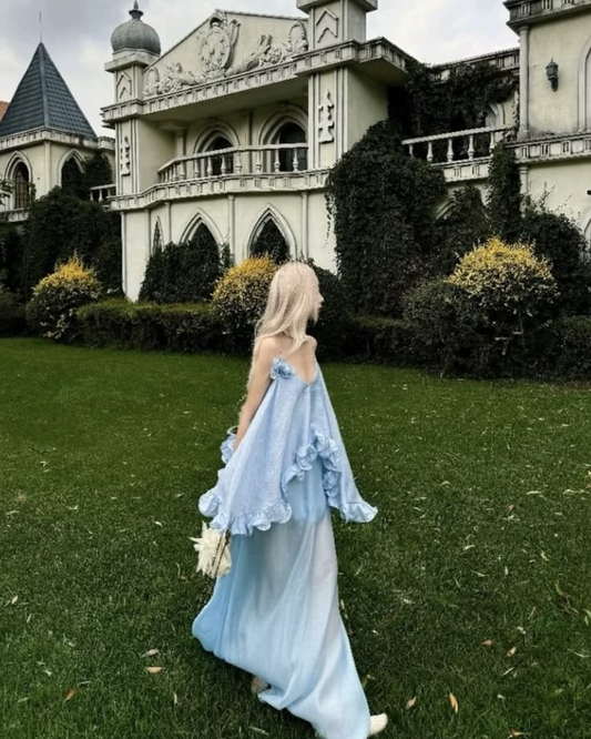 Flowy Silky Women's Prom Gown Pale Blue Corset Maxi Evening Dress Birthday Dress — Fall Outfit 2026 New RS3156