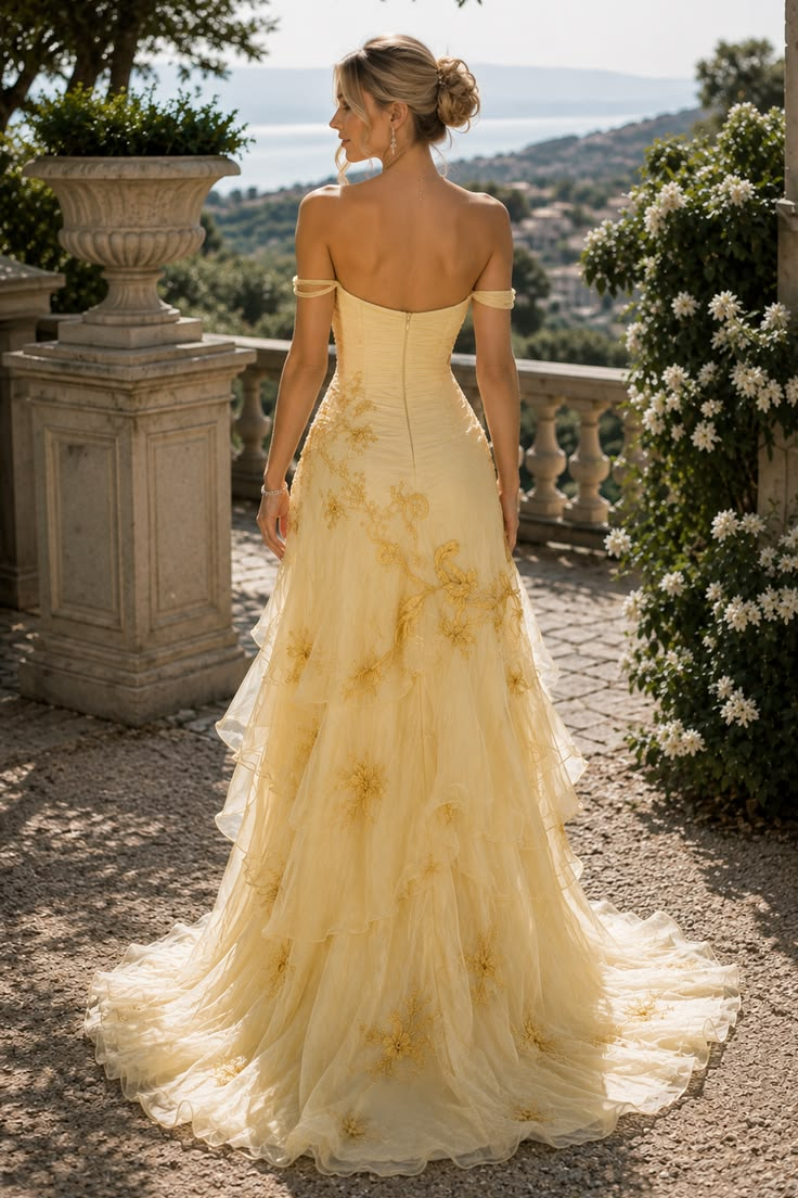 Stunning Frilled Embroidered Prom Gown Pastel Yellow Women's Corset Maxi Birthday Dress — Fall Outfit 2026 New RS3091