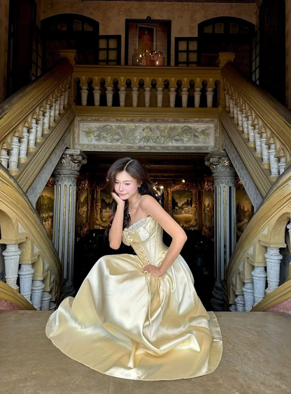 Silky Satin Embroidered Prom Gown Pastel Yellow Women's Maxi Birthday Dress Evening Dress RS2977