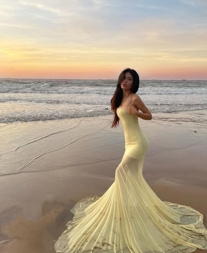 Resort Chiffon Flowy Prom Gown Pastel Yellow Women's Corset Maxi Casual Dress Evening Dress RS2961