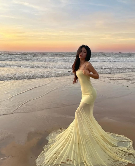 Resort Chiffon Flowy Prom Gown Pastel Yellow Women's Corset Maxi Casual Dress Evening Dress RS2961