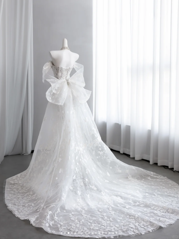 Gorgeous Lace Embroidered Strapless Mermaid Tulle Corset Maxi Trailing Wedding Dress RS3130