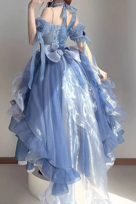 Charming Tulle Bow Decor Women's Prom Gown Blue Waist Fitted Maxi Evening Dress Birthday Dress — Fall Outfit 2026 New  RS3269