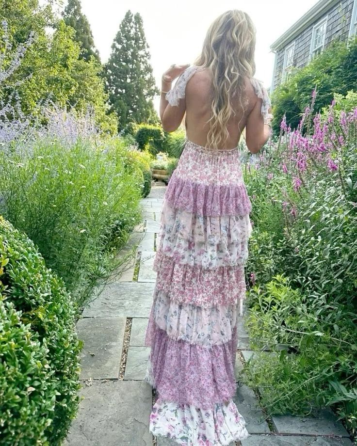 Flowy Ruffled Floral Women's Prom Gown Lavender Corset Maxi Casual Dress — Fall Outfit 2026 New RS3136
