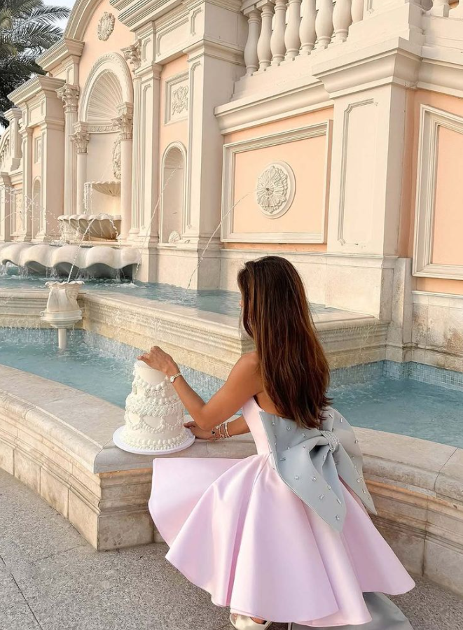 Sweet Pink A-Line Sweetheart Large Bow Back Accessory Bodycon Mini Prom Dress Homecoming Dress RS395