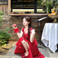 Red holiday floral dress for women petite summer long skirt with small flying sleeves R3866