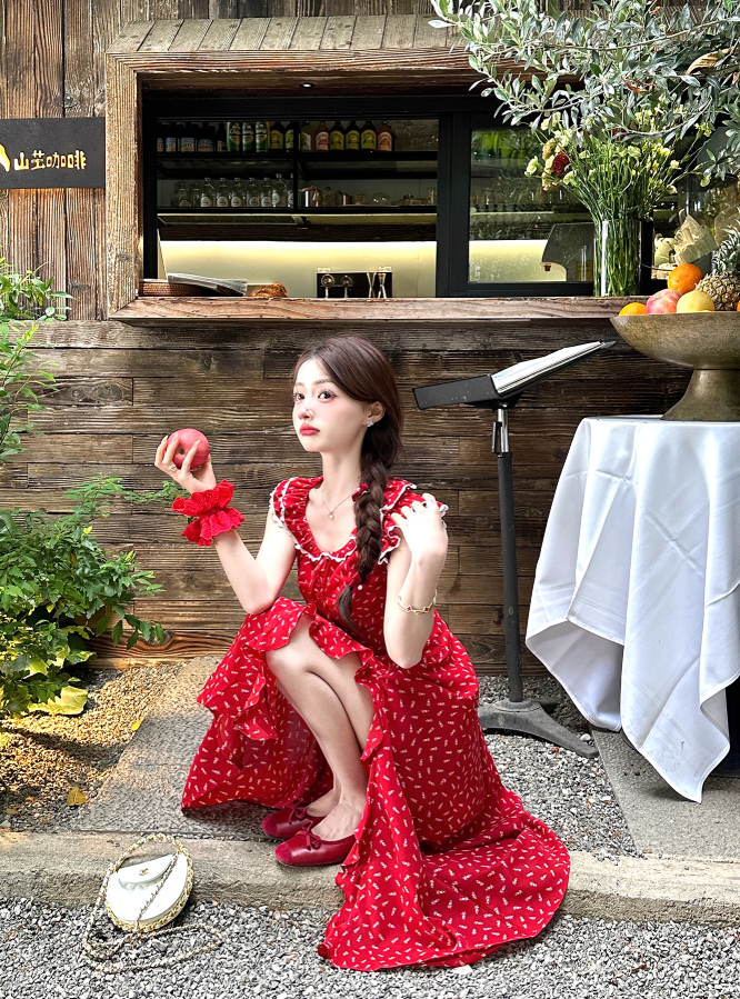 Red holiday floral dress for women petite summer long skirt with small flying sleeves R3866