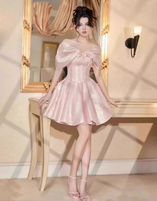 French one-shoulder pink satin banquet birthday party short slim dress dress homecoming dress R2969