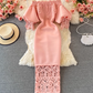 Retro French style waisted hip dress long skirt lace one-shoulder off-shoulder lantern sleeve dress R0383