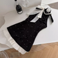 Bowknot halter neck black suspender dress 2025 slim A-line skirt beaded diamond bottoming skirt R0283