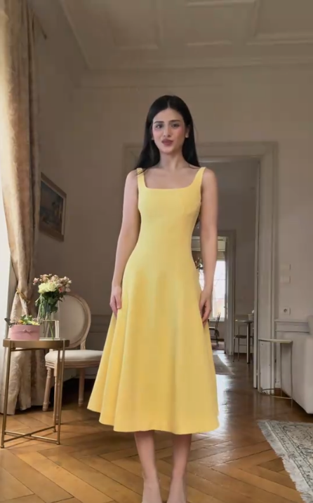 Yellow suspender slim long A-line dress homecoming dress R2480