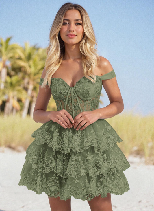 Fresh Bud Green A-Line Bateau Lace Bodycon Mini Prom Dress Homecoming Dress RS401
