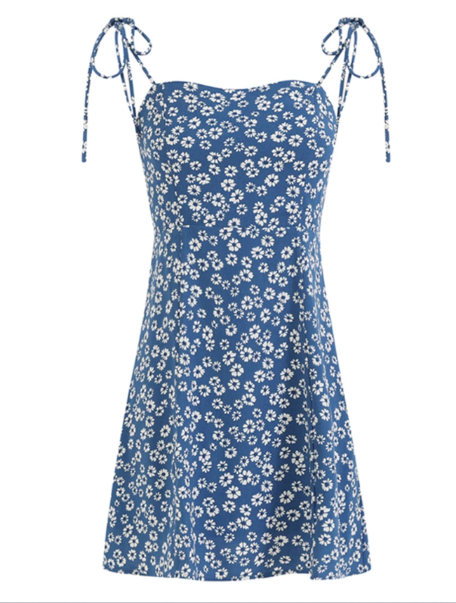 2025 Summer New Blue Floral Daisy Holiday Short Suspender Dress R0968