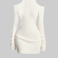 Pure desire style half high collar off-shoulder knitted dress 2025 slim waist hip skirt R1194
