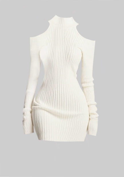 Pure desire style half high collar off-shoulder knitted dress 2025 slim waist hip skirt R1194