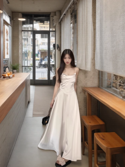 French style white suspender dress with swaying collar and satin temperament slim dress R1539