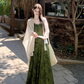 Dark green jacquard dress retro Chinese style suspender long skirt plus cardigan two-piece set R1736