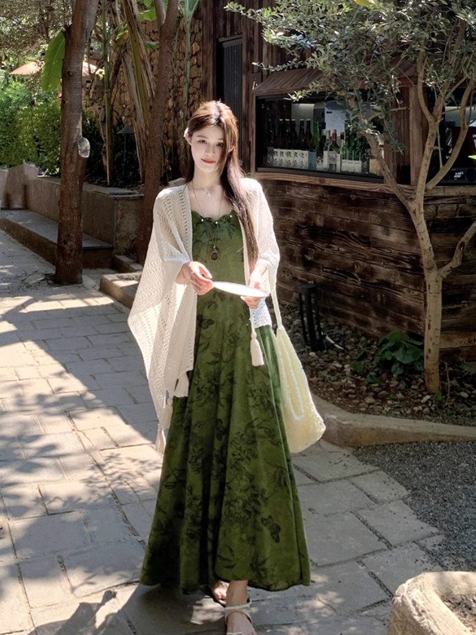 Dark green jacquard dress retro Chinese style suspender long skirt plus cardigan two-piece set R1736