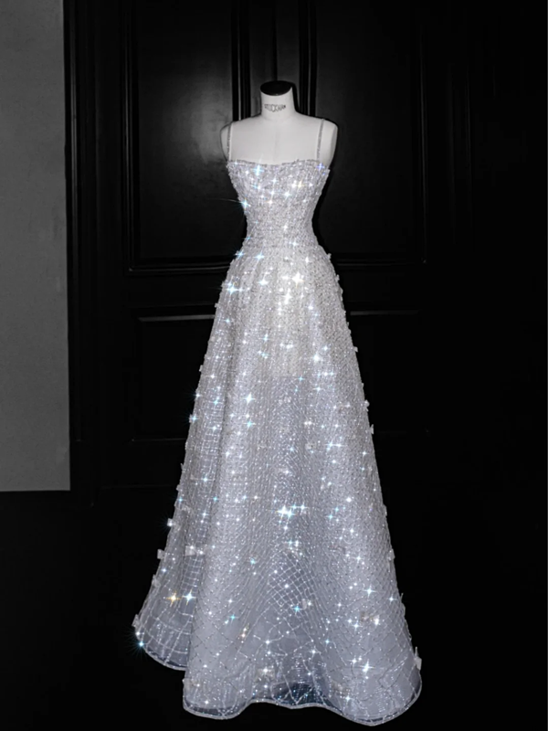 White suspender sequined waist A-line sexy long skirt, prom dress R5644