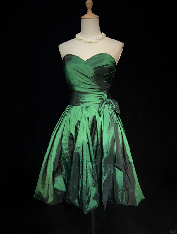 Green Strapless Satin Waist Pleated A-Line Short Skirt Homecoming Dress R4983