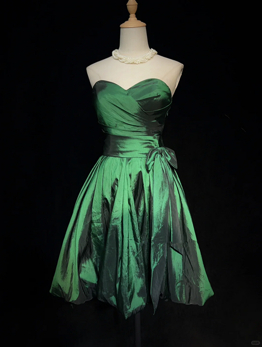 Green Strapless Satin Waist Pleated A-Line Short Skirt Homecoming Dress R4983