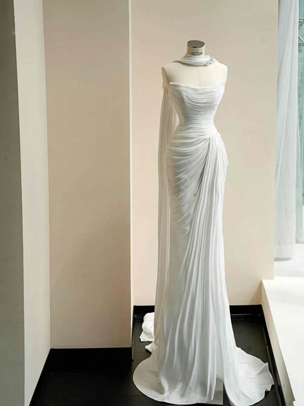 White tube top pleated waist slim hip elegant long skirt, prom dress R5680