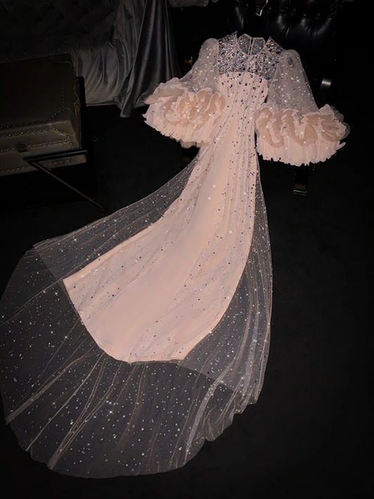 Light apricot round neck long sleeve fitted waist long ball gown, bridal dress R8761