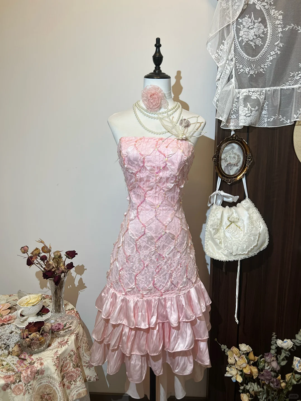 Pink tube top slim waist fishtail pleated skirt long dress homecoming dress R4251