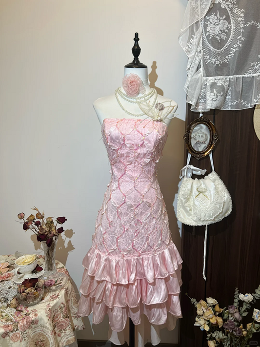 Pink tube top slim waist fishtail pleated skirt long dress homecoming dress R4251