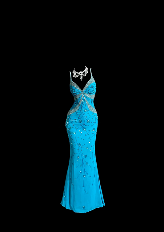 Blue halter-neck backless sexy fitted ball gown R6635