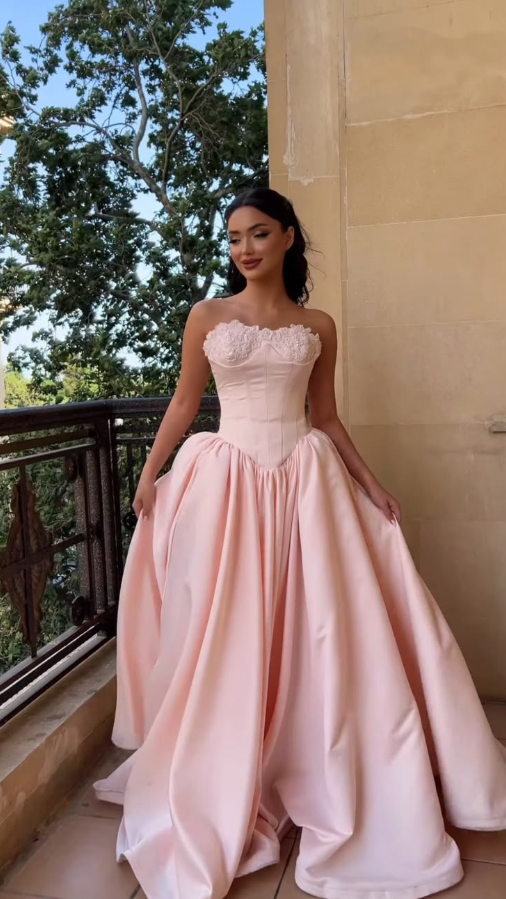 Silky Satin Sweet Corset Prom Gown , Pink Women's Maxi Evening Dress Birthday Dress RS2663