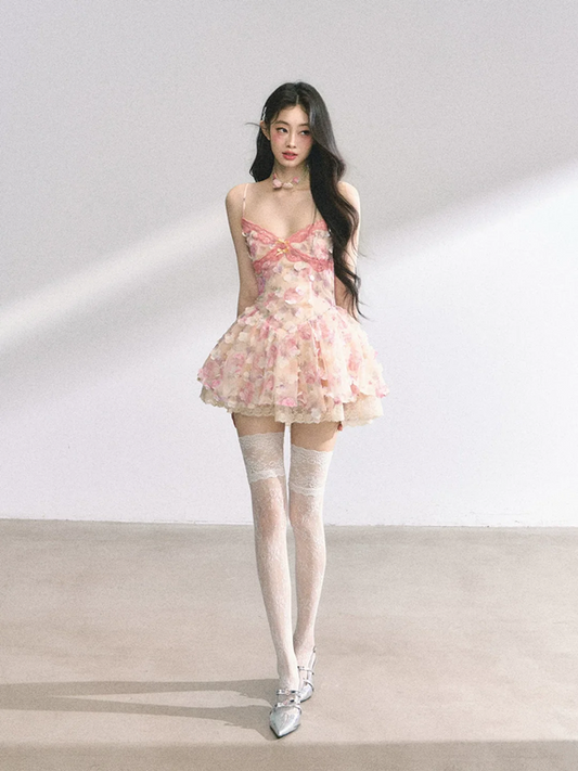 Pink floral suspenders slim waist A-line short skirt homecoming dress R5285