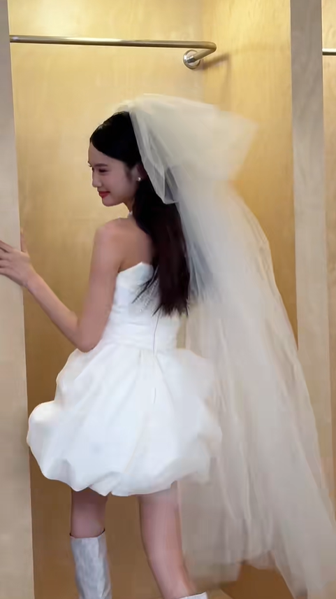 White tube top waist small flower bud design skirt cute short skirt homecoming dress R4212