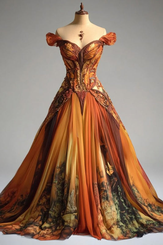 Orange one-shoulder floral dress with slim waist and sexy, prom dress R5365