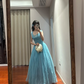 Lake blue halter-neck fitted waist puff skirt long ball gown R8852