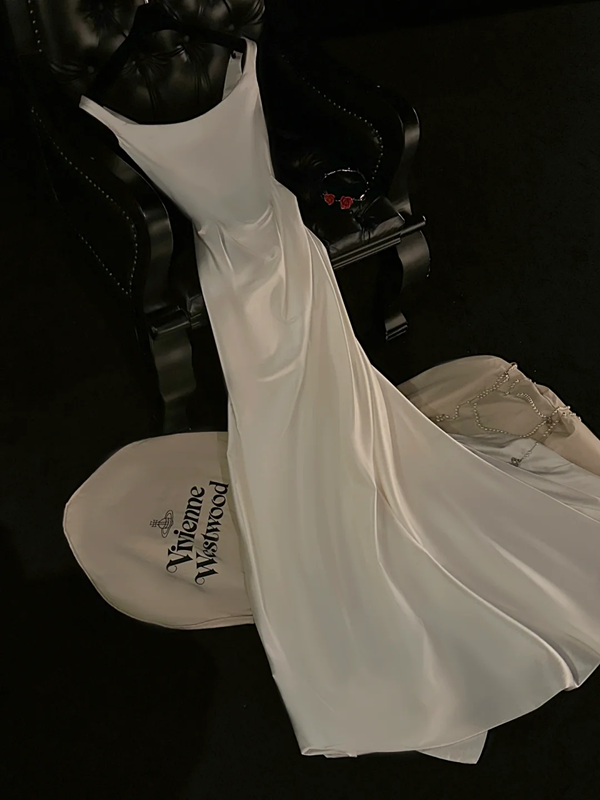 Light apricot-colored halter-neck satin fitted long ball gown/bridal dress R8821