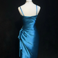 Blue suspenders waist design pleated slim hip-hugging mid-length skirt homecoming dress R4942