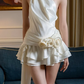 White satin halterneck sexy cake skirt short skirt homecoming dress R4453